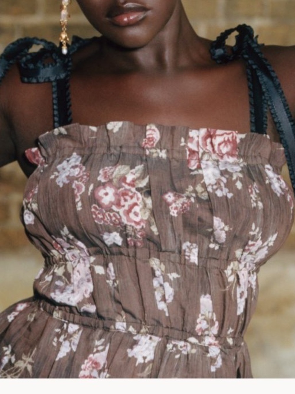 H&M BROCK COLLECTION Floral Smocked Tie-Shoulder Crop Top - Brown